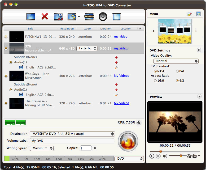 ImTOO MP4 to DVD Converter Mac